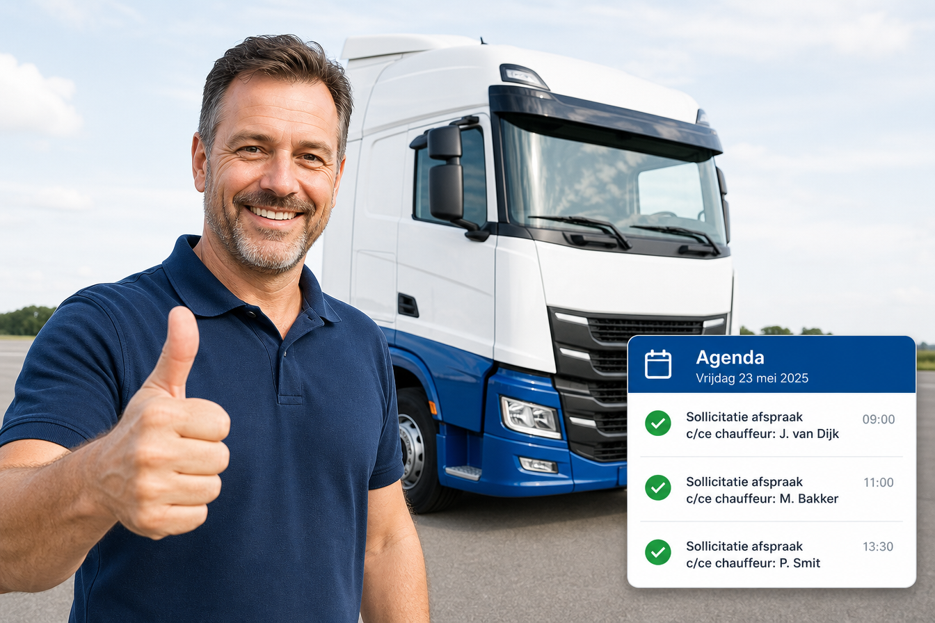 Blije C/CE chauffeur met duim omhoog voor een vrachtwagen, met een agenda-overlay vol ingeplande sollicitatieafspraken